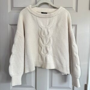 J.Crew Womens Ivory Wool Blend Cable Knit Boxy Sweater Sz M Coastal Cozy Preppy